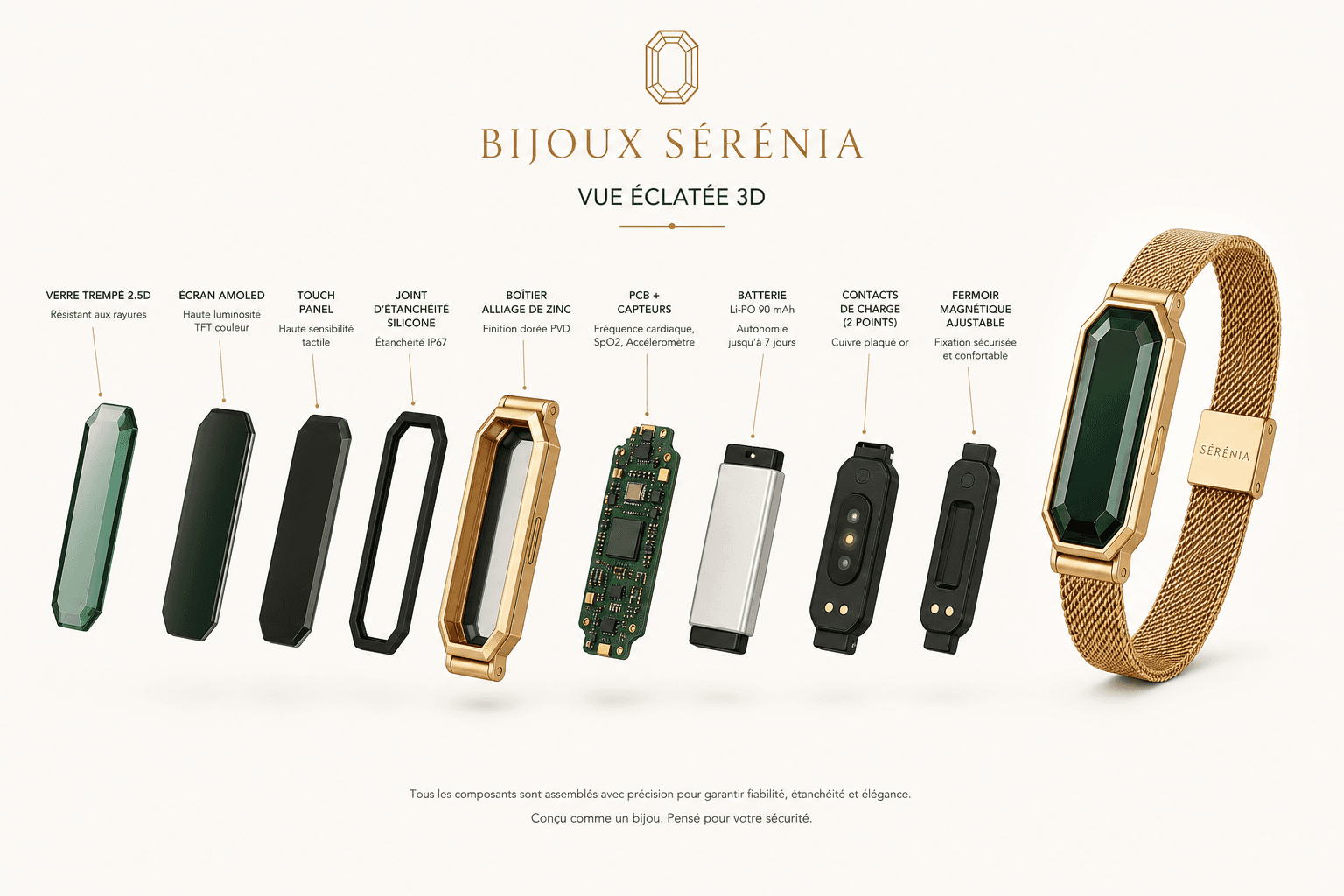 Vue éclatée du bracelet Sérénia : composants internes (capteur, batterie, boîtier), fermoir magnétique et bracelet en maille dorée.